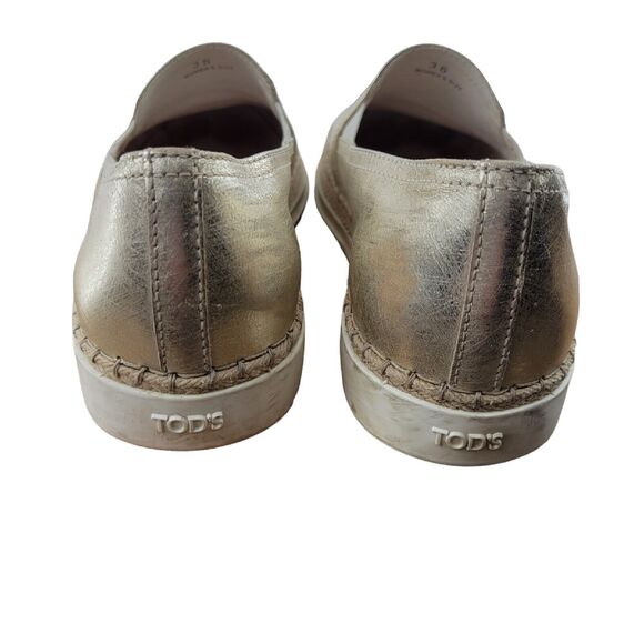 Tod's Metallic Gold Leather Slip On Loafers Rope Trim Womens Size 6 36 Comfort - Picture 6 of 11